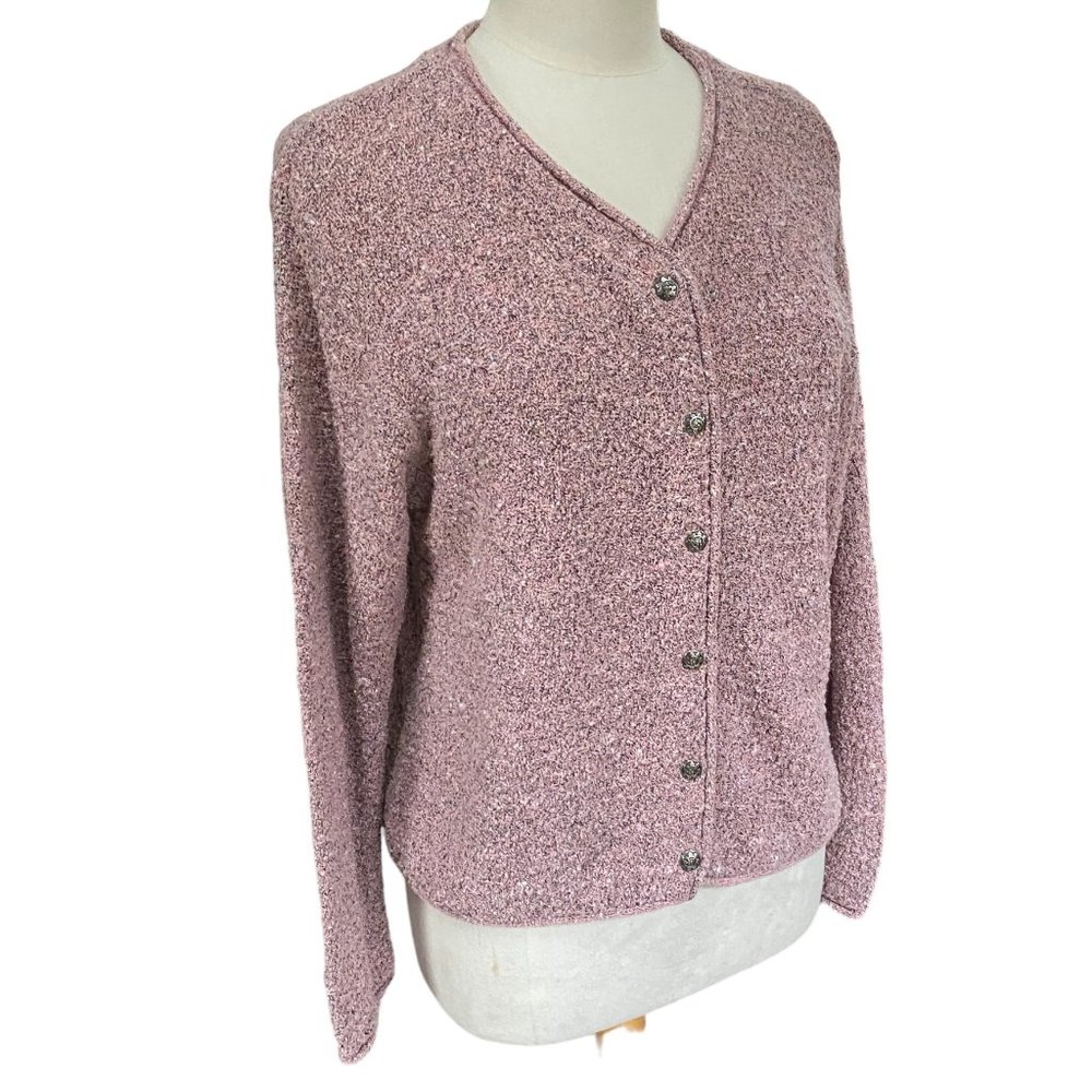 Vintage Alps Chunky Boucle Knit Cardigan Pink Decorative Buttons USA Made-L